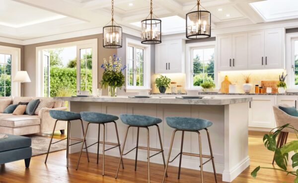 Luxurious living room interior design with fireplace and white kitchen